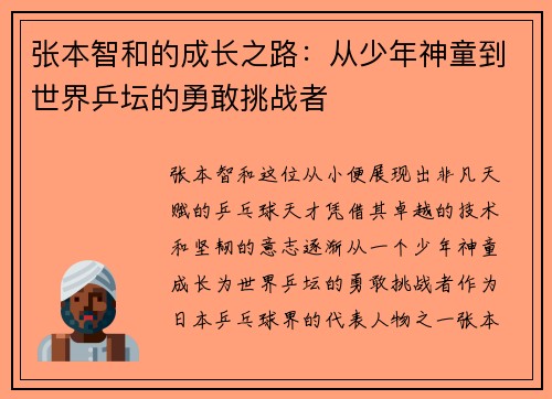 张本智和的成长之路：从少年神童到世界乒坛的勇敢挑战者