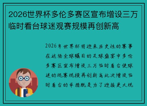 2026世界杯多伦多赛区宣布增设三万临时看台球迷观赛规模再创新高