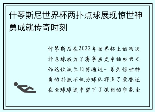 什琴斯尼世界杯两扑点球展现惊世神勇成就传奇时刻